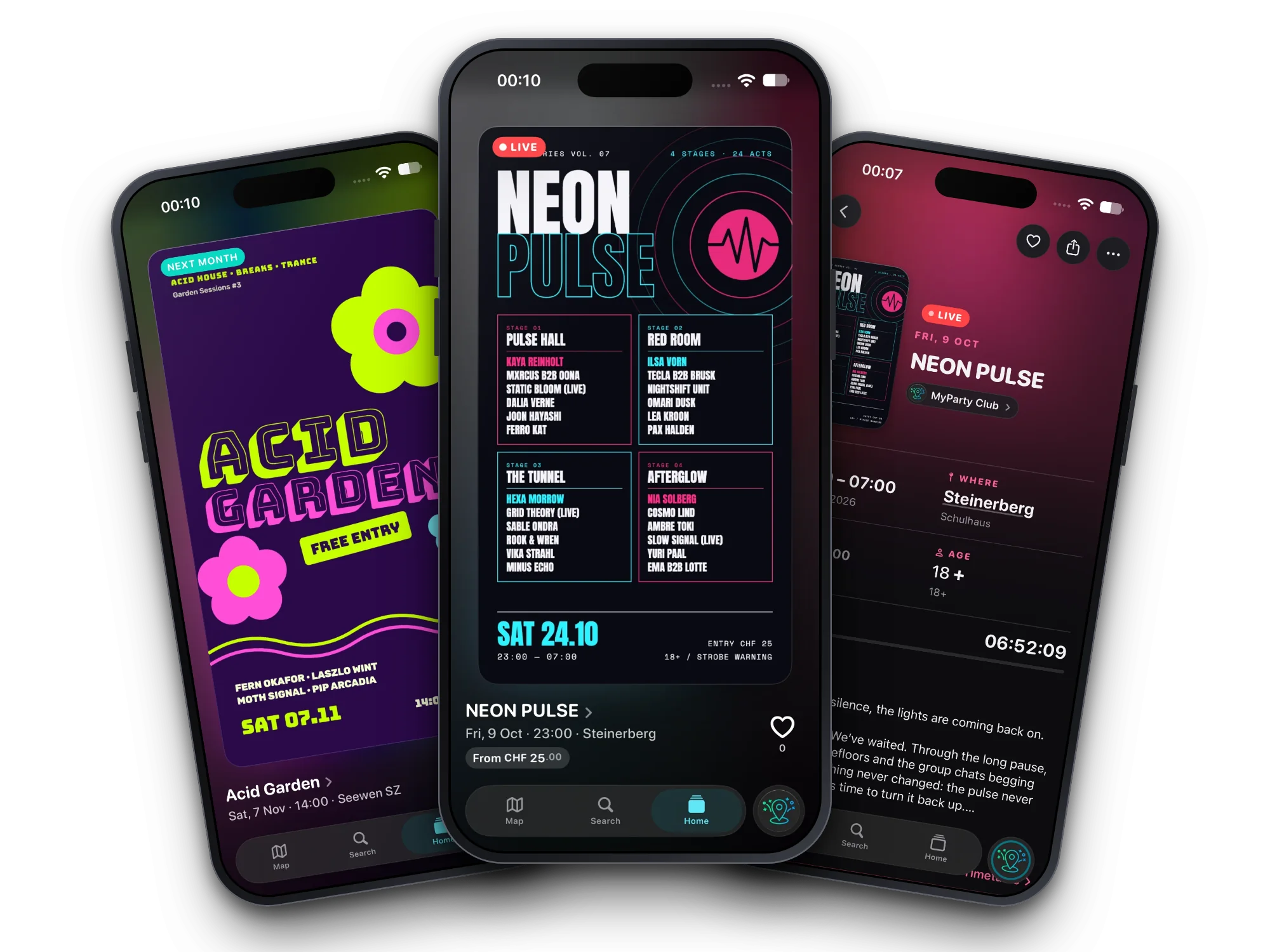 Drei iPhones mit der MyParty App: der Party-Feed, ein Flyer und eine laufende Party